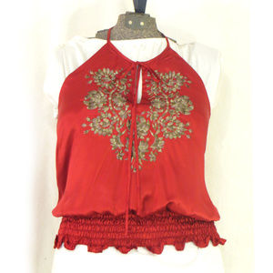 Luxe Silk Embroidered Keyhole Halter Neck Blouse